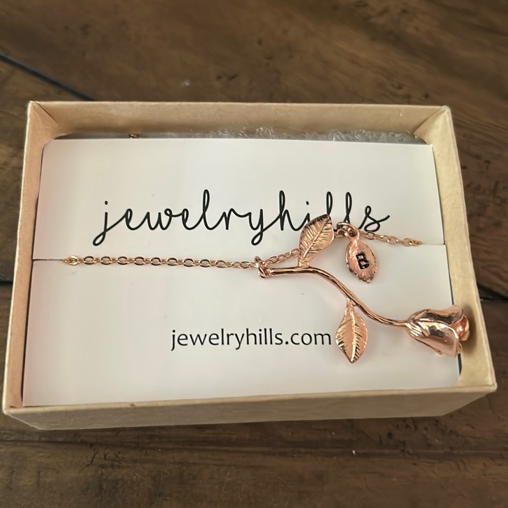 Rose Gold Rose Necklace with Initial B